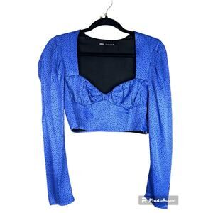 Zara Long Sleeve Sweetheart Neckline Dots Blue Black Cropped Blouse Size Medium